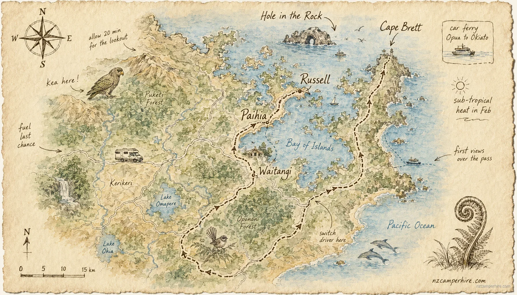 Hand-drawn map of Bay of Islands, New Zealand