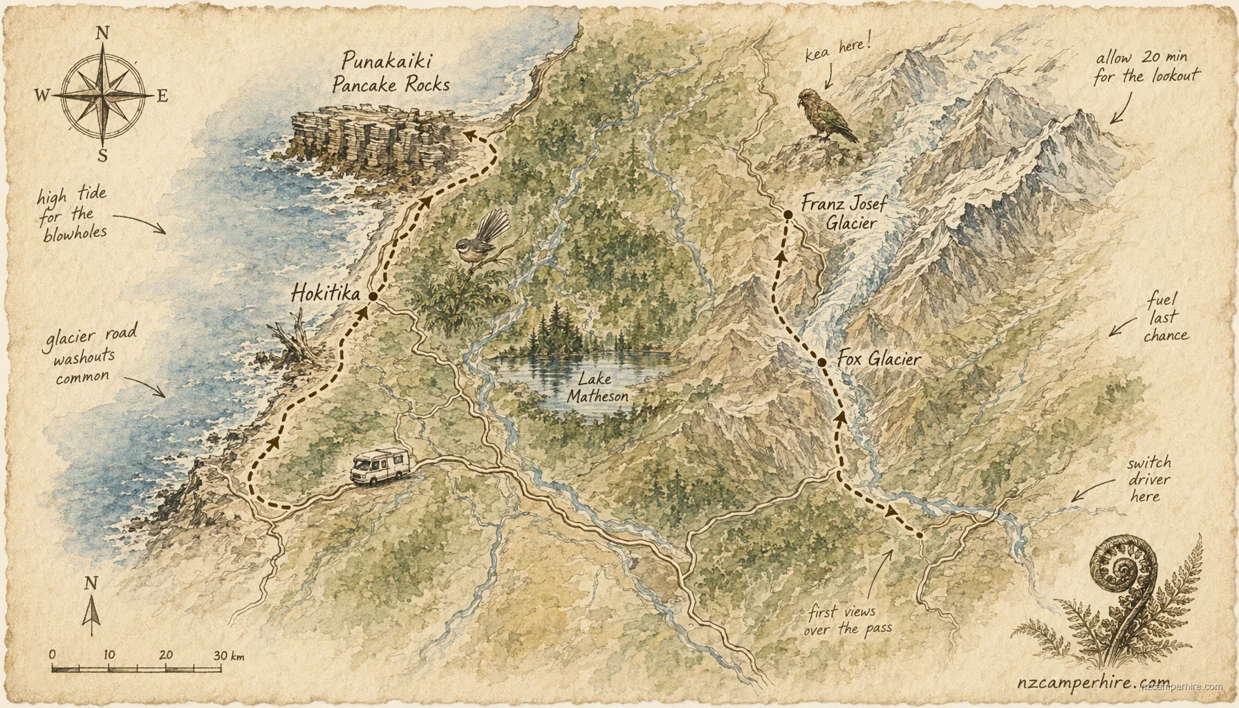 Hand-drawn map of West Coast, New Zealand