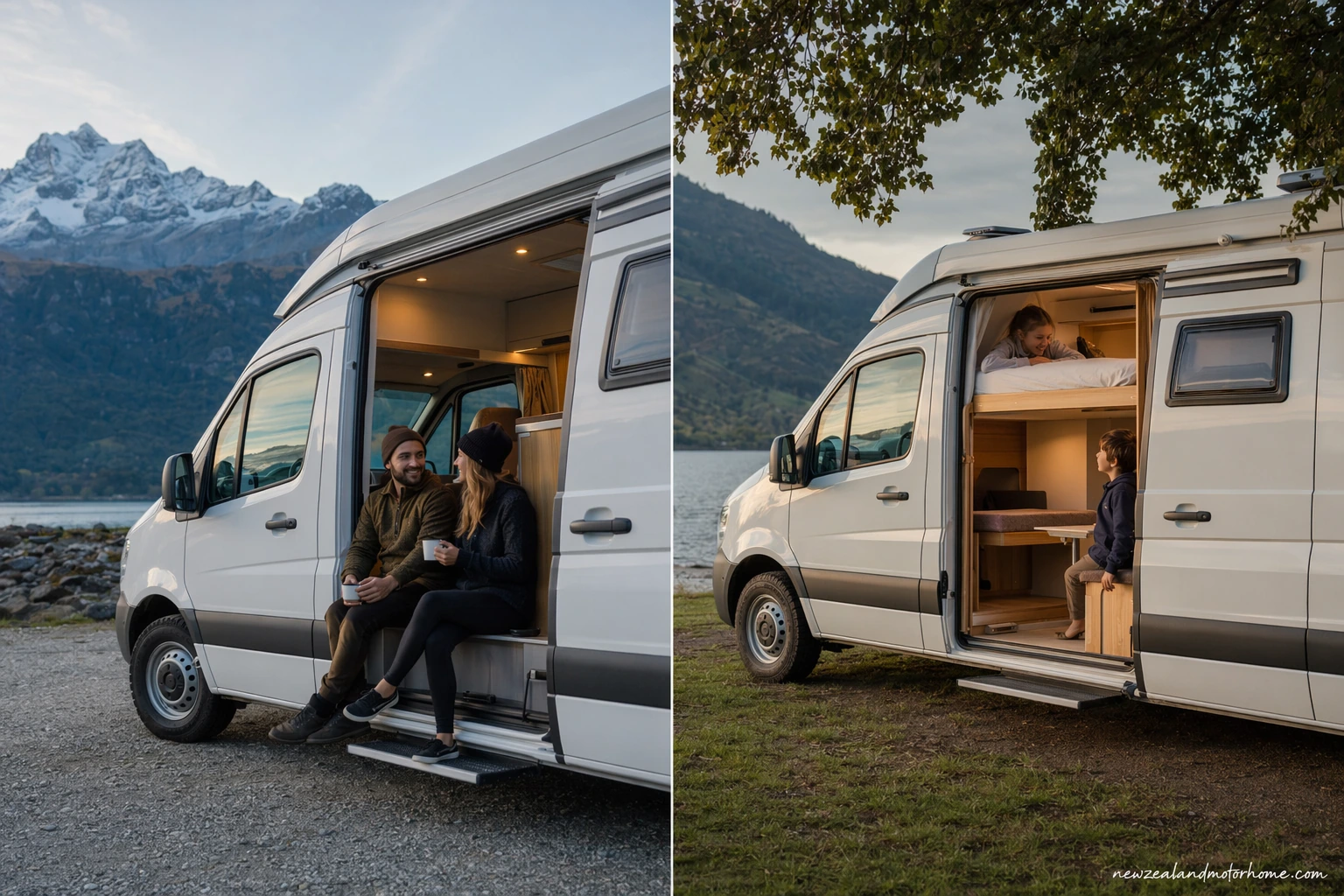 A compact campervan parked beside a larger motorhome at a lakeside New Zealand holiday park