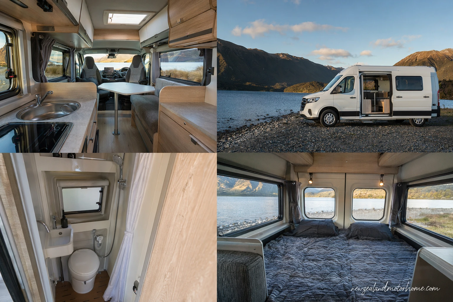 Compact campervan parked beside a New Zealand lakeside campsite with mountains in the background