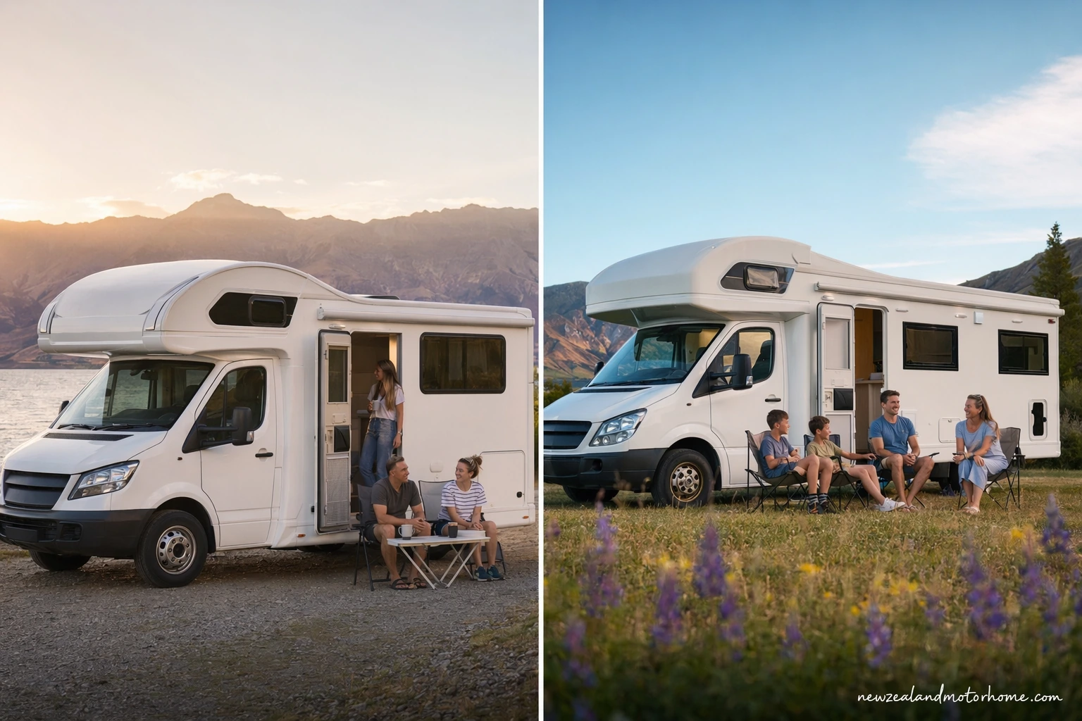 Large campervan parked beside a smaller campervan at a New Zealand holiday park powered site