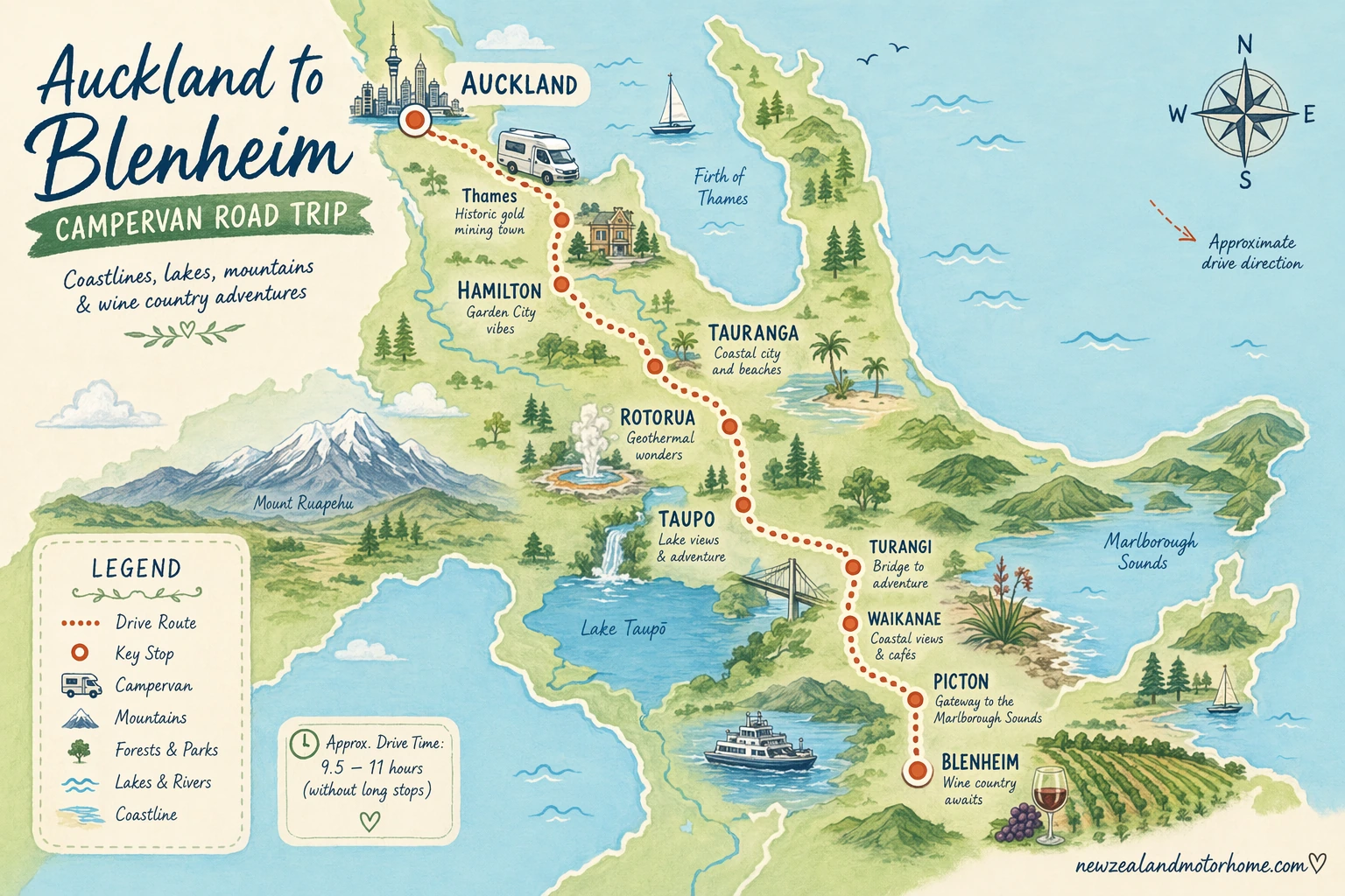 Illustrated campervan map — auckland to blenheim campervan