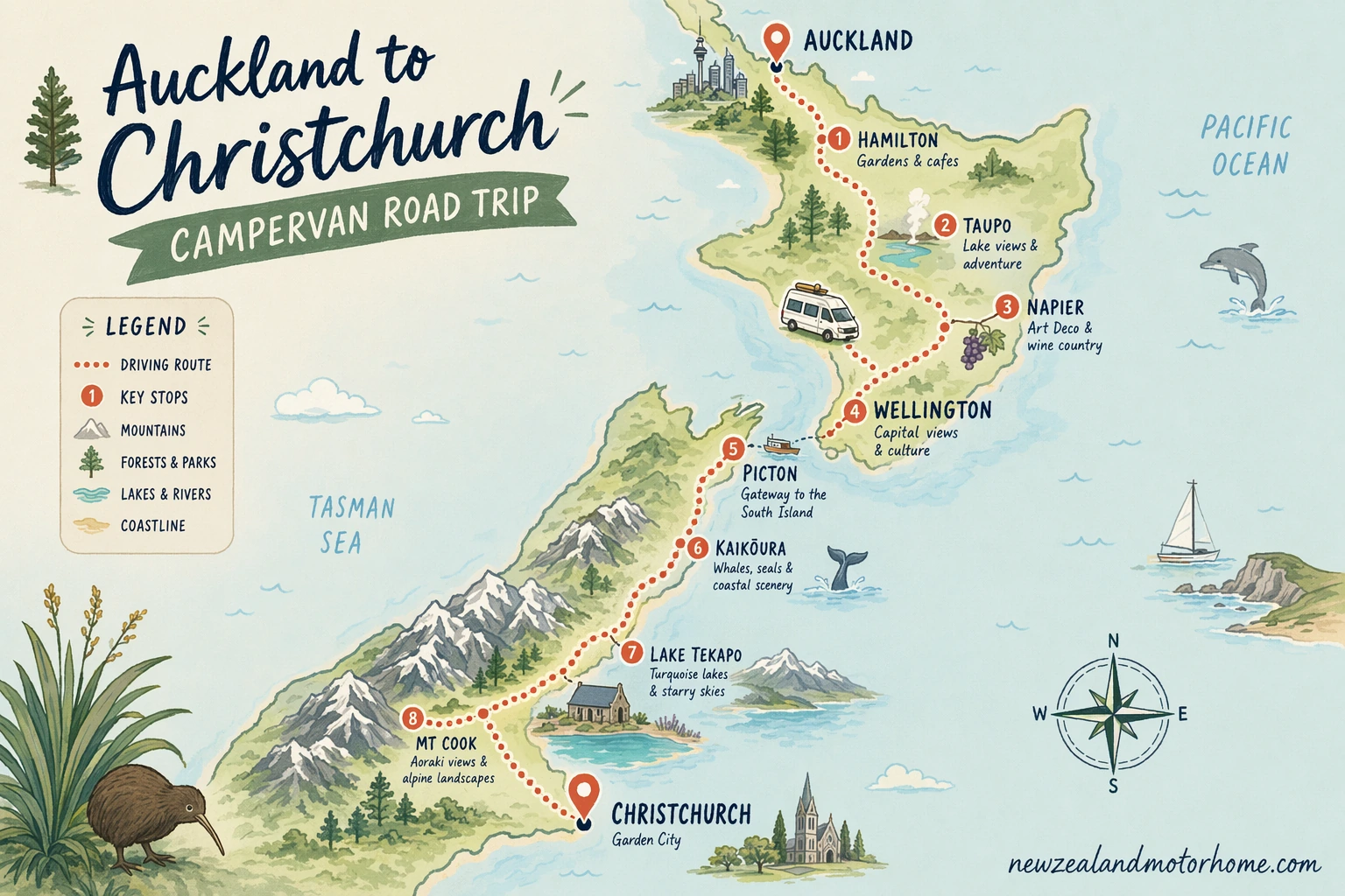 Illustrated campervan map — auckland to christchurch campervan