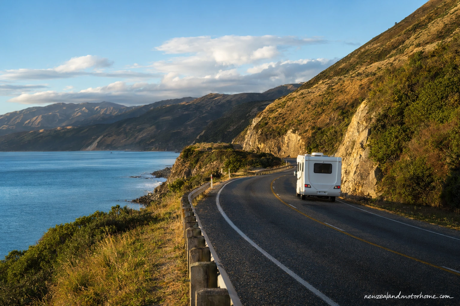Campervan parked near the Kaikōura coast on the Auckland to Christchurch route