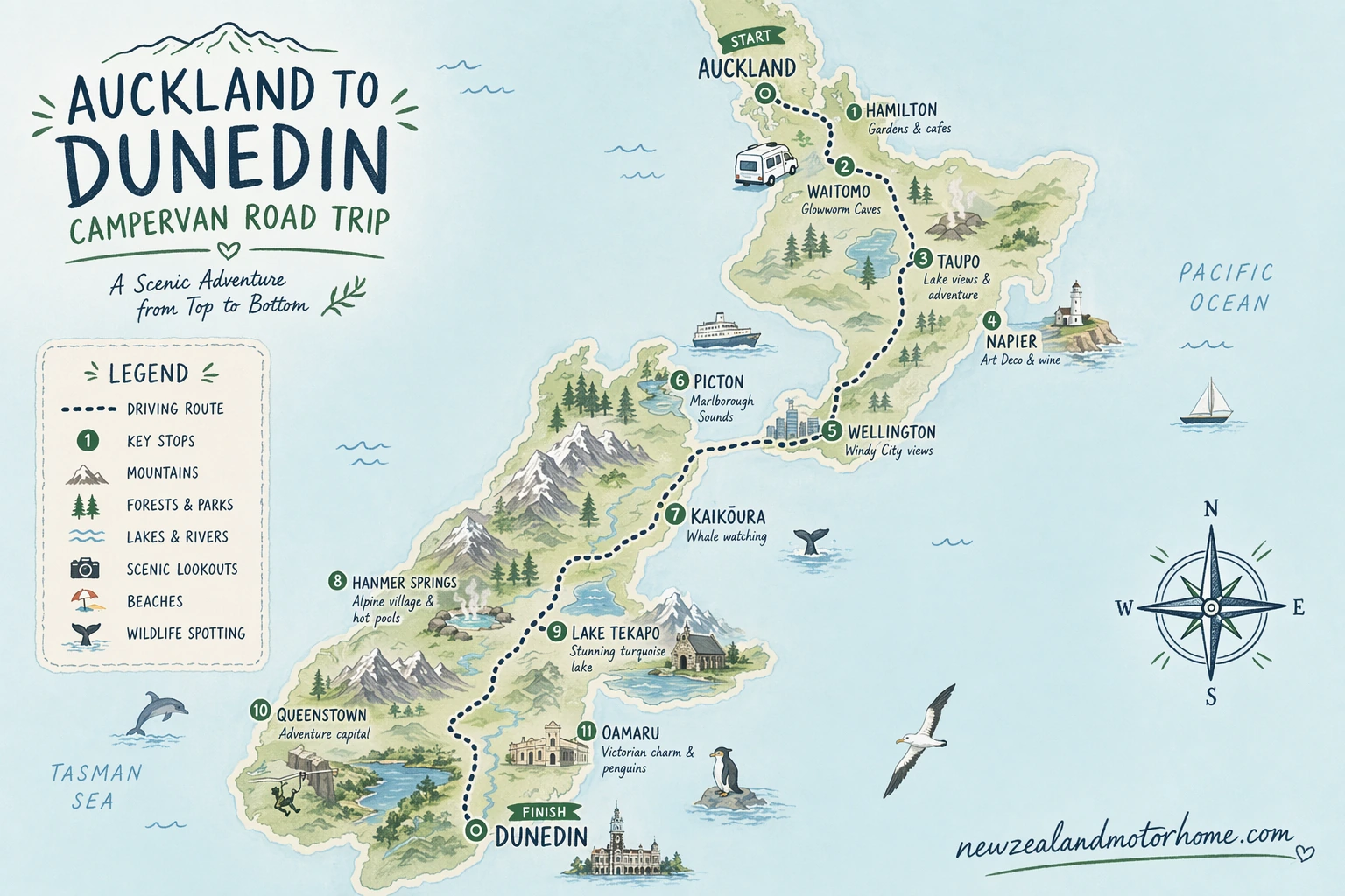 Illustrated campervan map — auckland to dunedin campervan