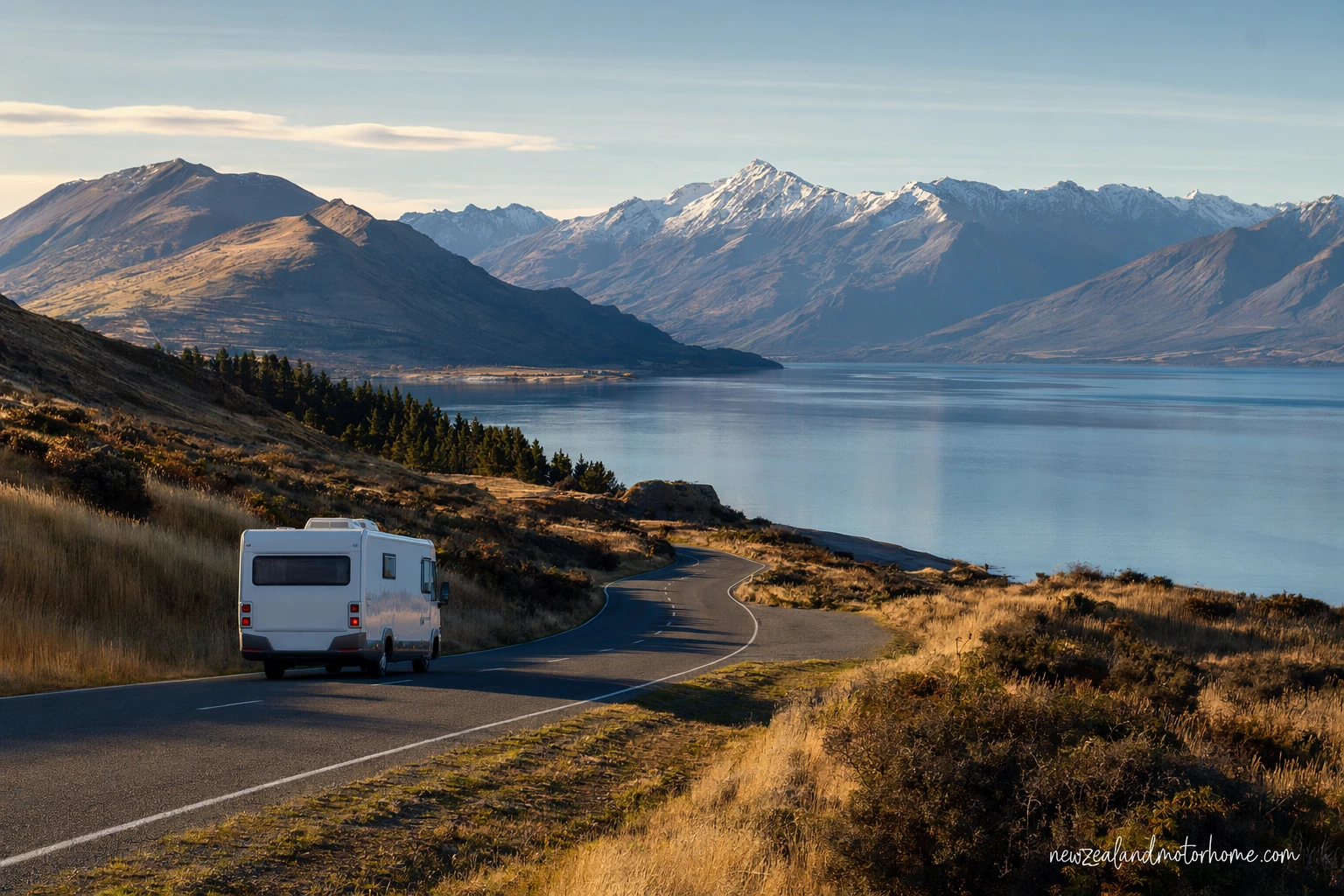 Campervan parked near the Otago harbour hills after driving the Auckland to Dunedin route