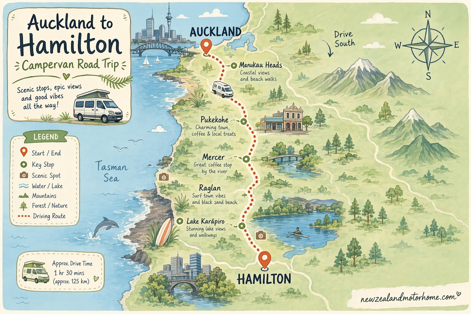 Illustrated campervan map — auckland to hamilton campervan
