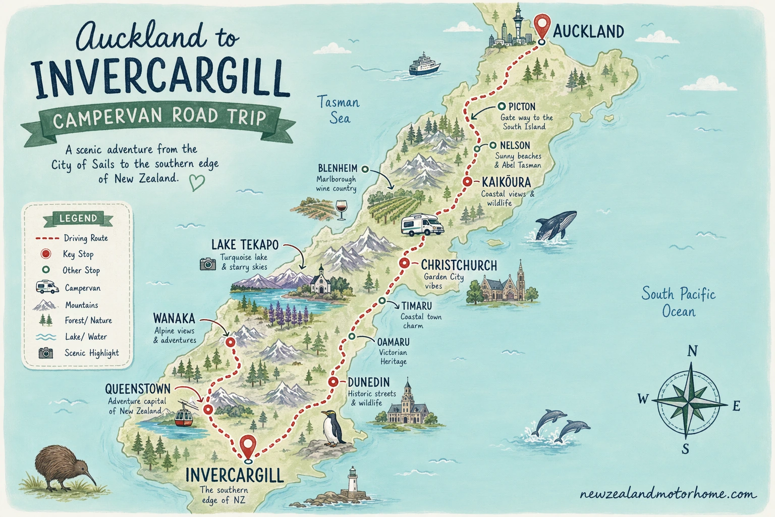 Illustrated campervan map — auckland to invercargill campervan