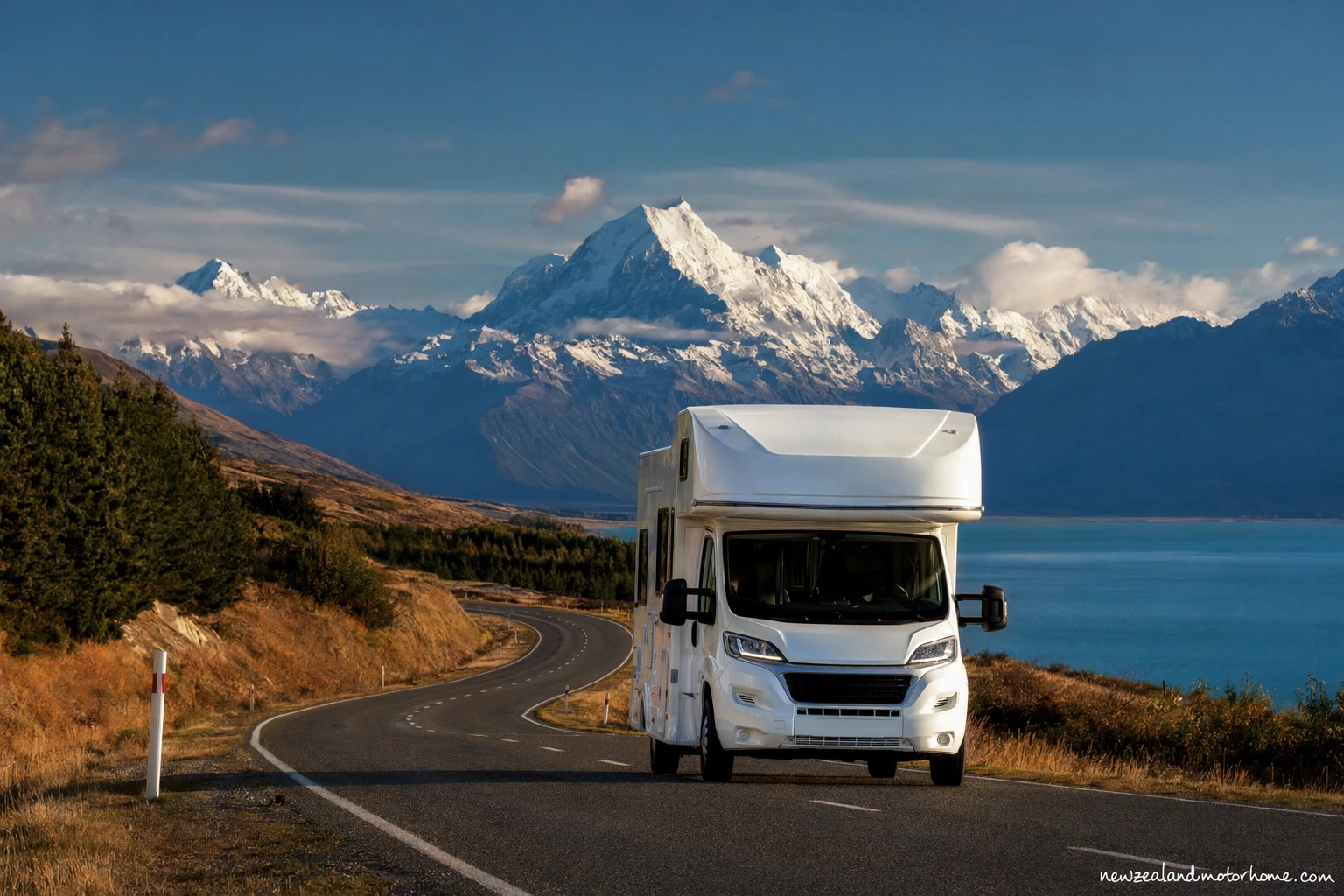 Campervan parked on a Southland road near Invercargill at the end of a long New Zealand route