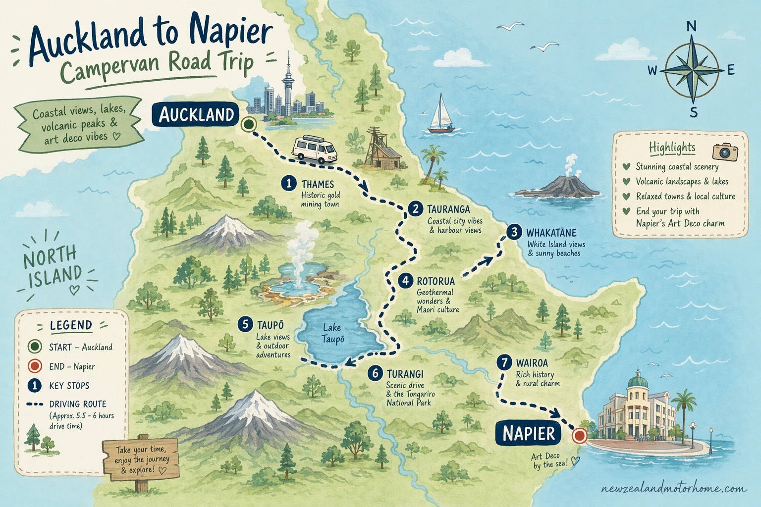 Illustrated campervan map — auckland to napier campervan