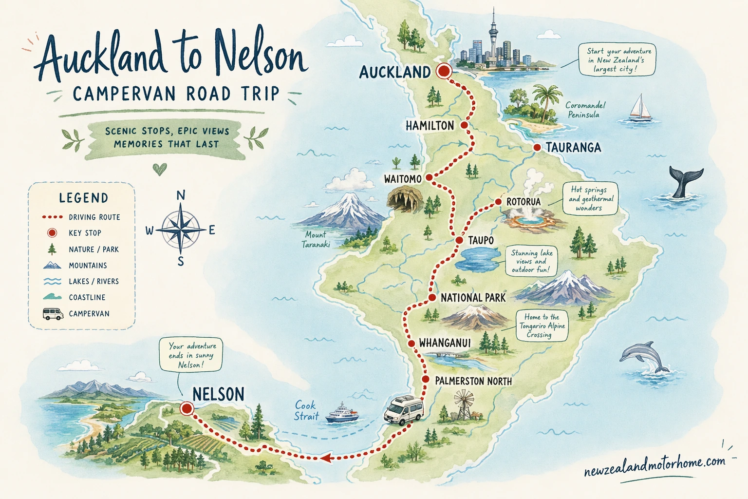 Illustrated campervan map — auckland to nelson campervan