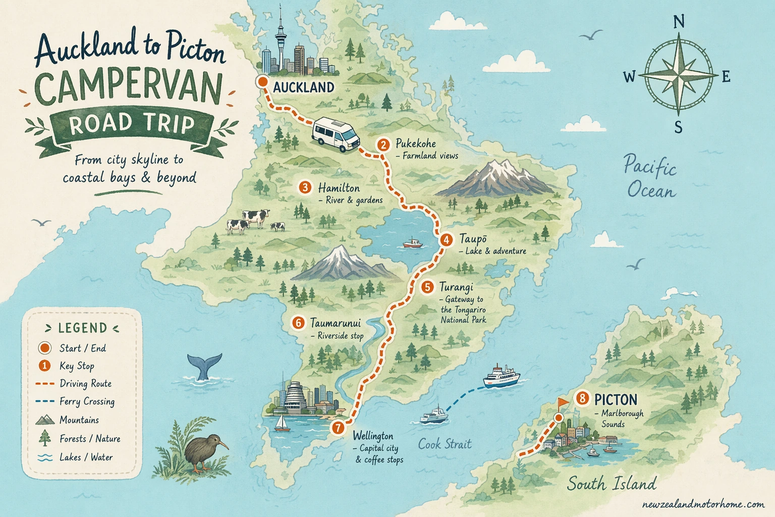 Illustrated campervan map — auckland to picton campervan