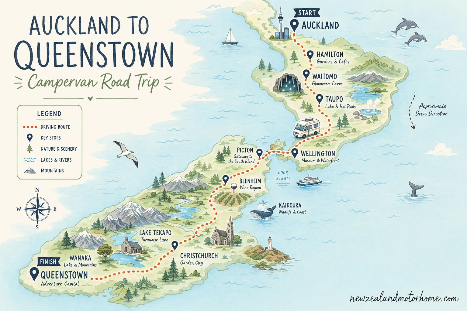 Illustrated campervan map — auckland to queenstown campervan
