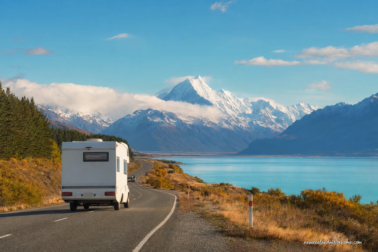 Campervan parked beside Lake Wakatipu near Queenstown with the Southern Alps behind
