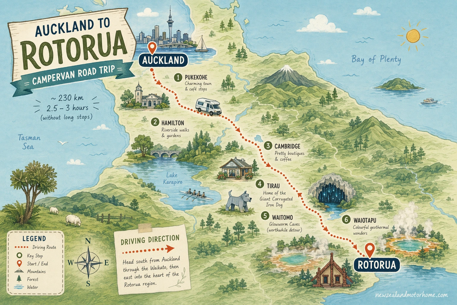 Illustrated campervan map — auckland to rotorua campervan