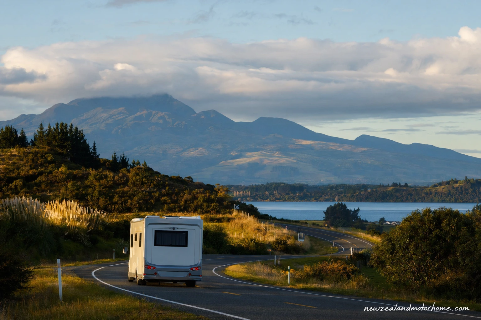 Campervan parked by Lake Rotorua after the drive from Auckland