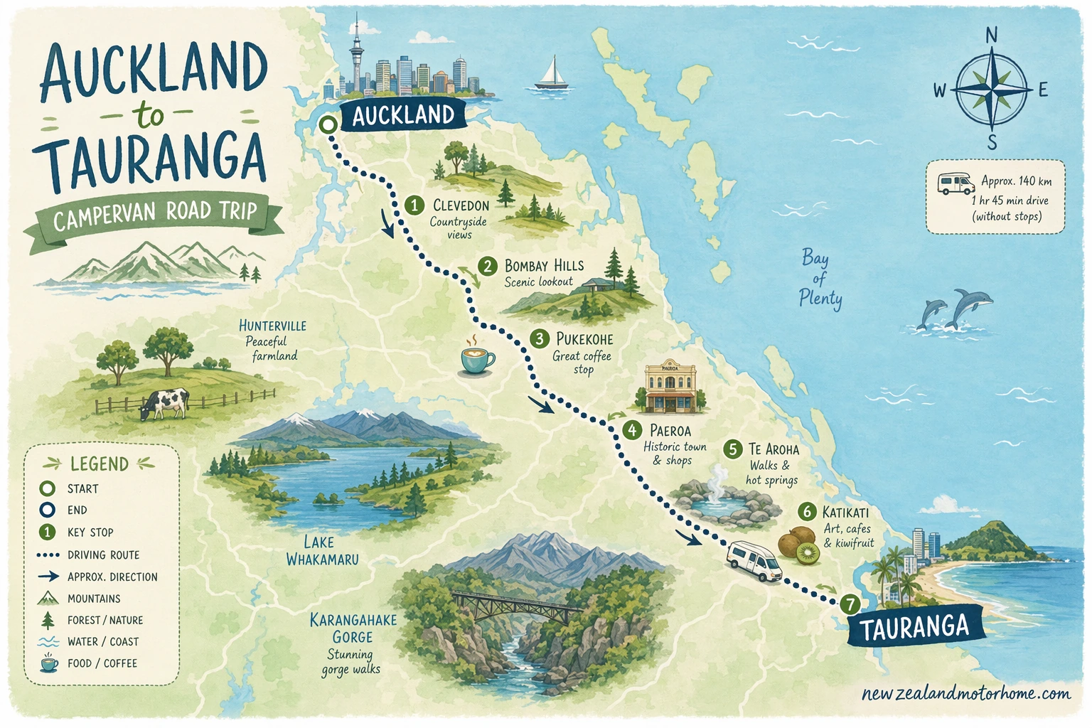 Illustrated campervan map — auckland to tauranga campervan