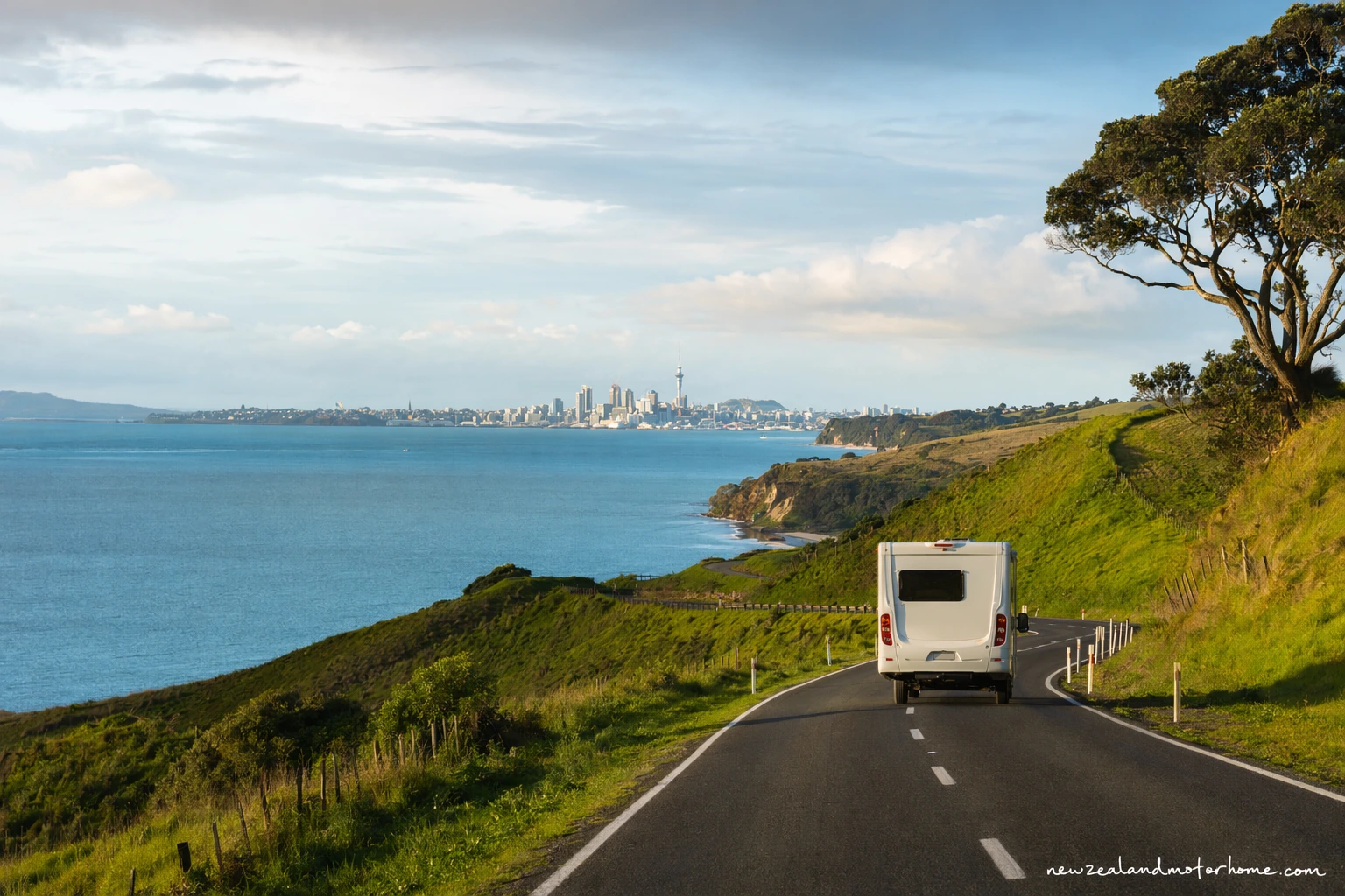 Campervan parked near Tauranga harbour with Mount Maunganui and the Bay of Plenty coastline beyond