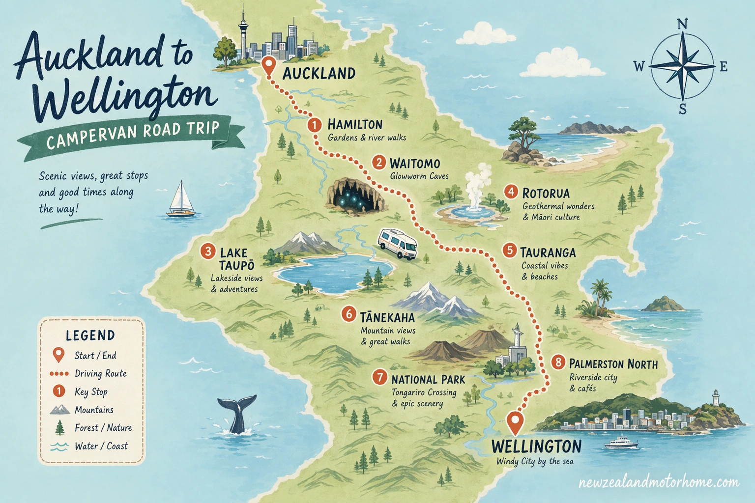 Illustrated campervan map — auckland to wellington campervan