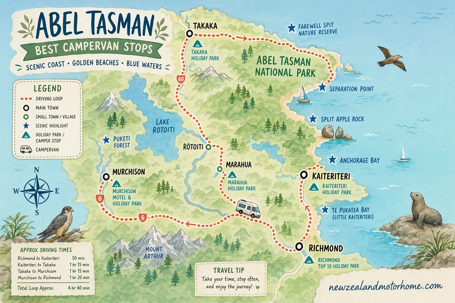 Illustrated campervan map — best campervan stops abel tasman
