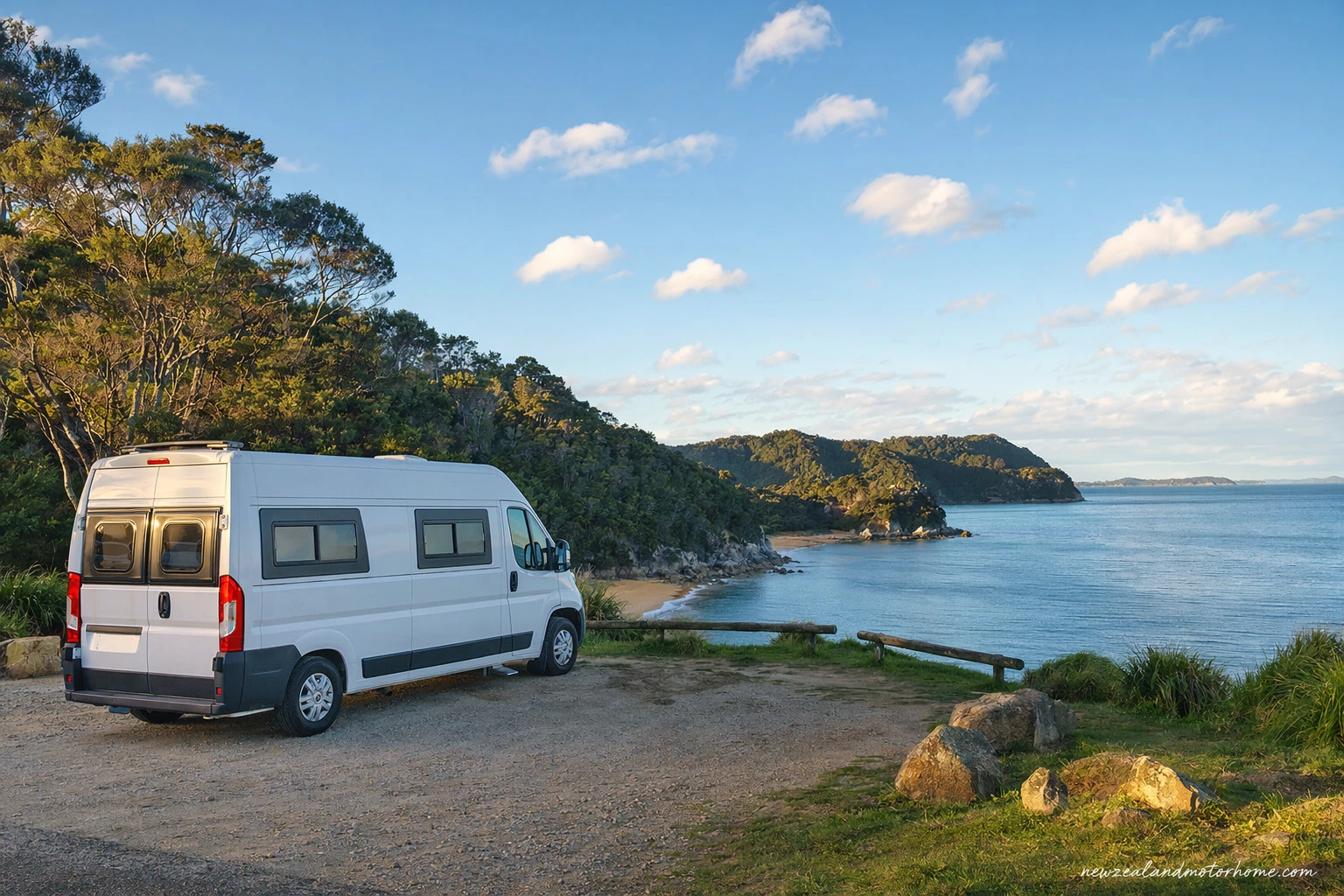 Campervan parked near golden sand and native bush at Abel Tasman