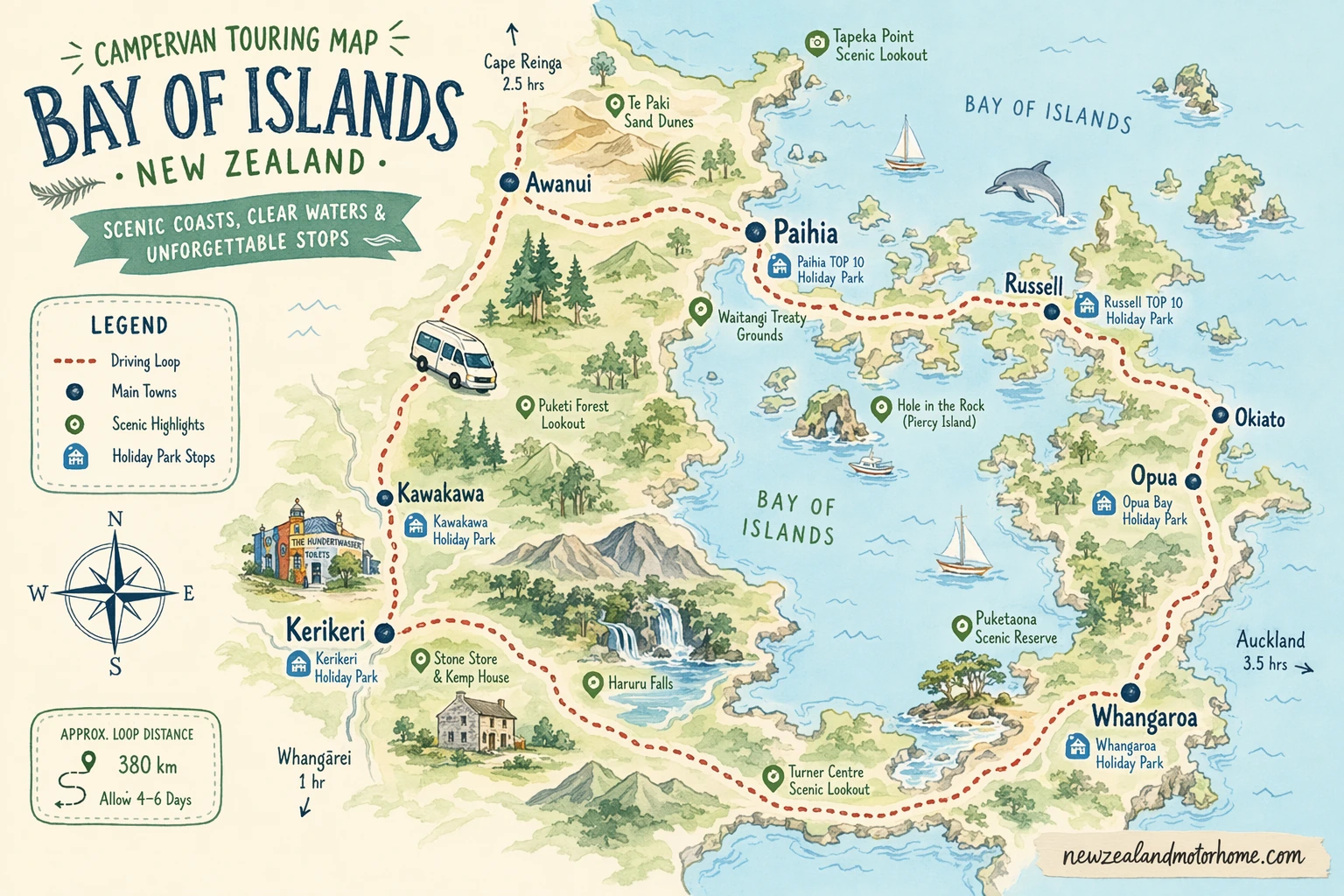 Illustrated campervan map — best campervan stops bay of islands