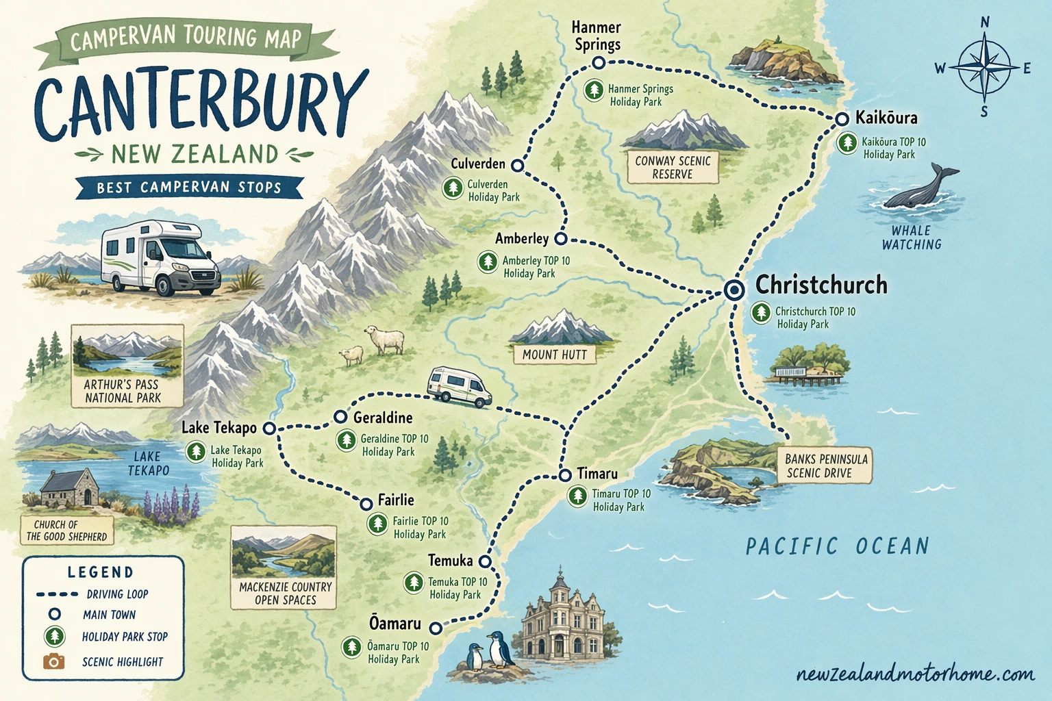 Illustrated campervan map — best campervan stops canterbury