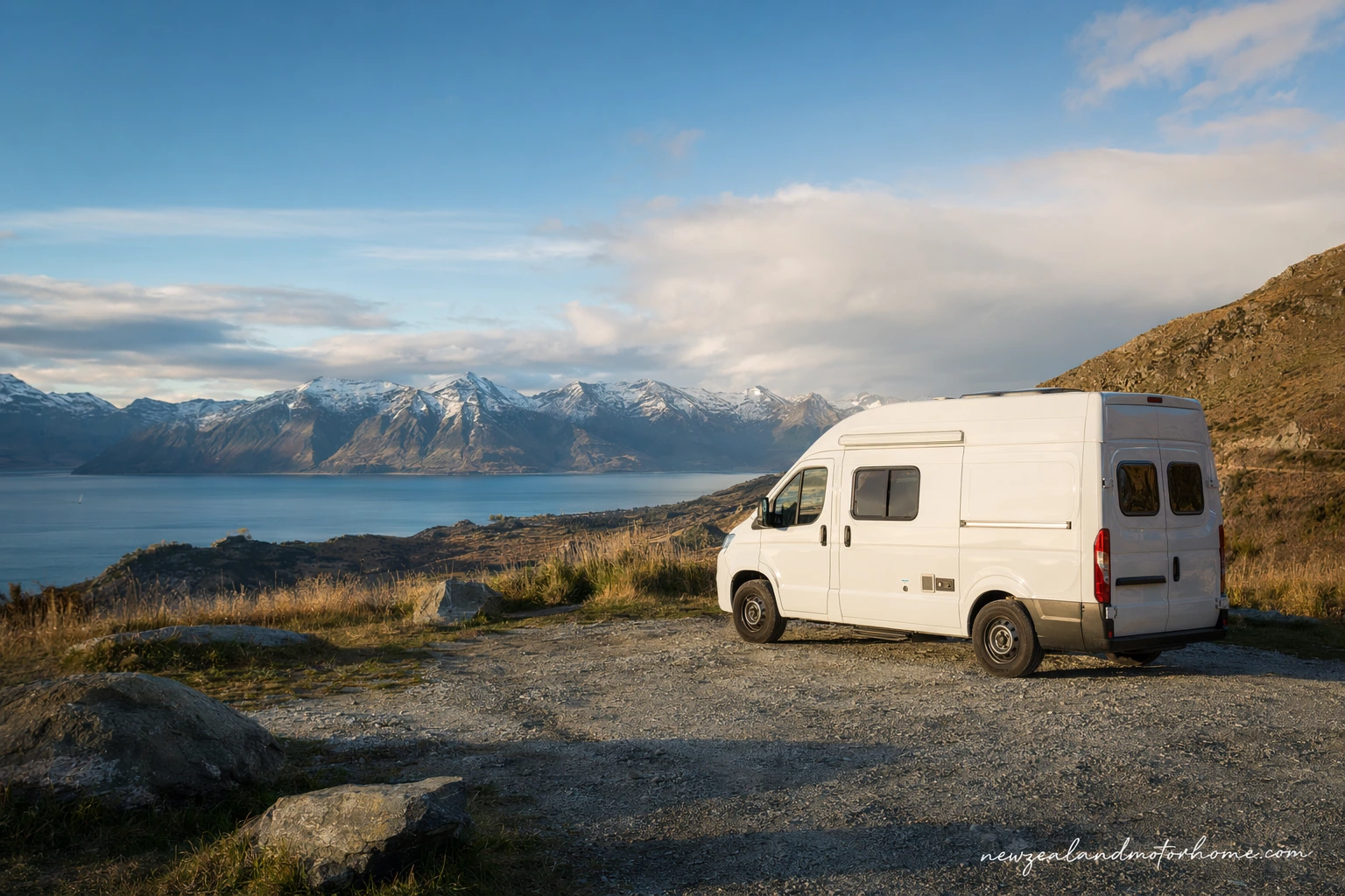 Campervan parked beside a Canterbury lake with mountains and tussock in the background