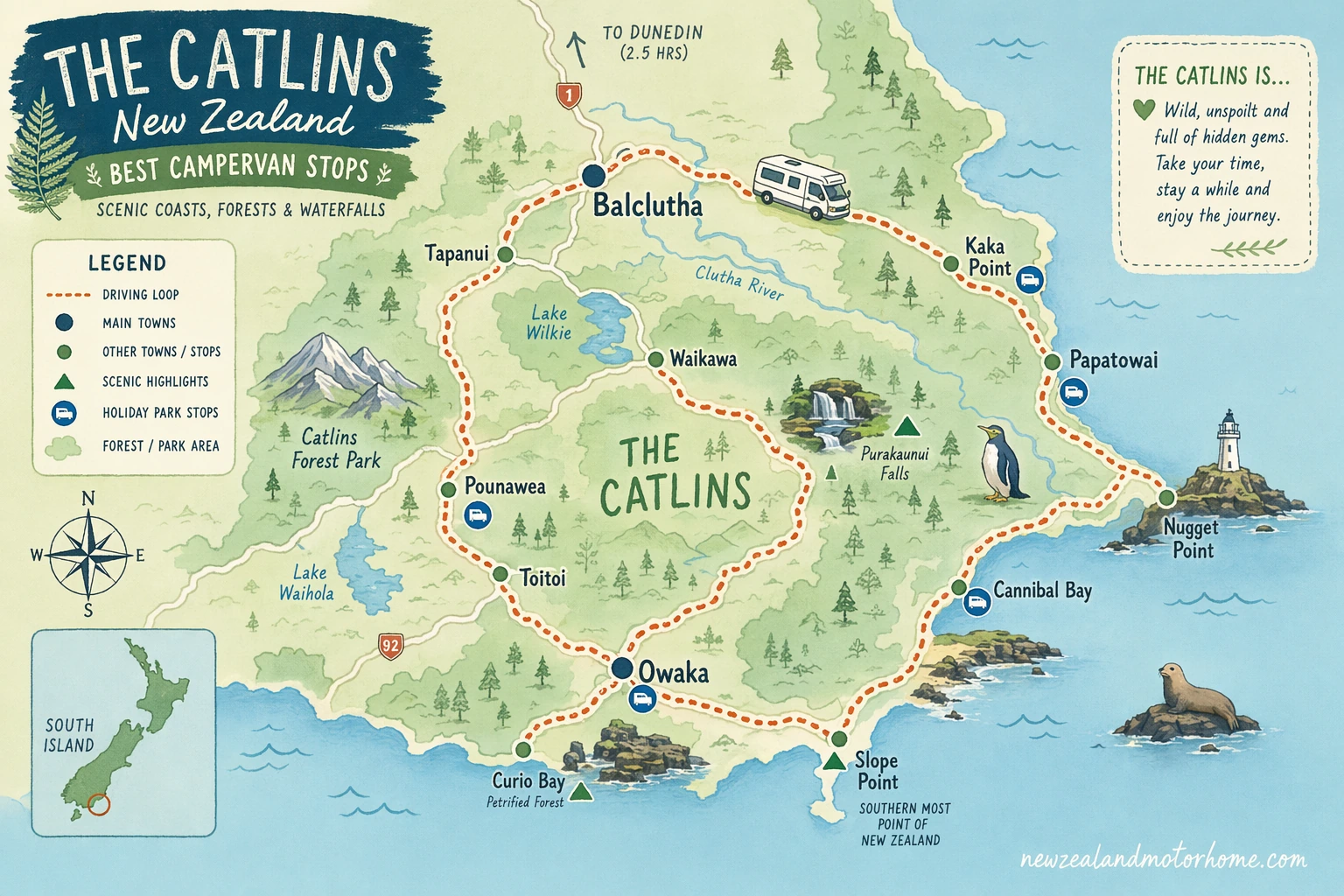 Illustrated campervan map — best campervan stops catlins