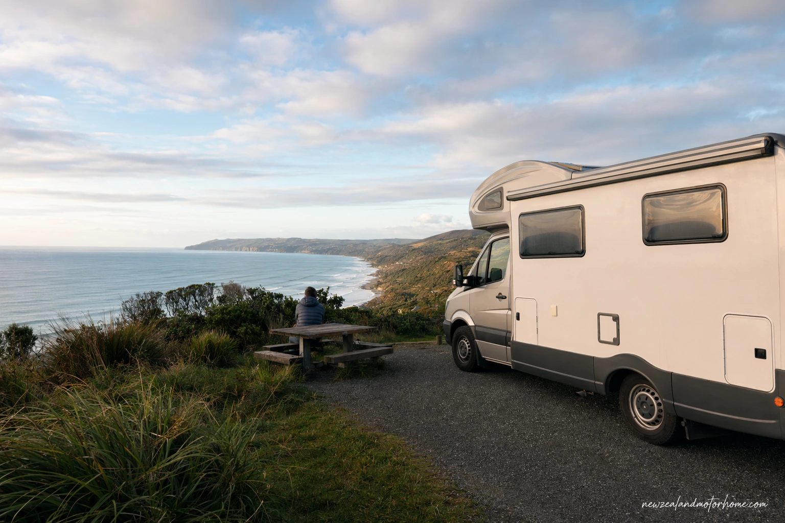 Campervan parked near the wild Catlins coast with forested hills and a quiet bay