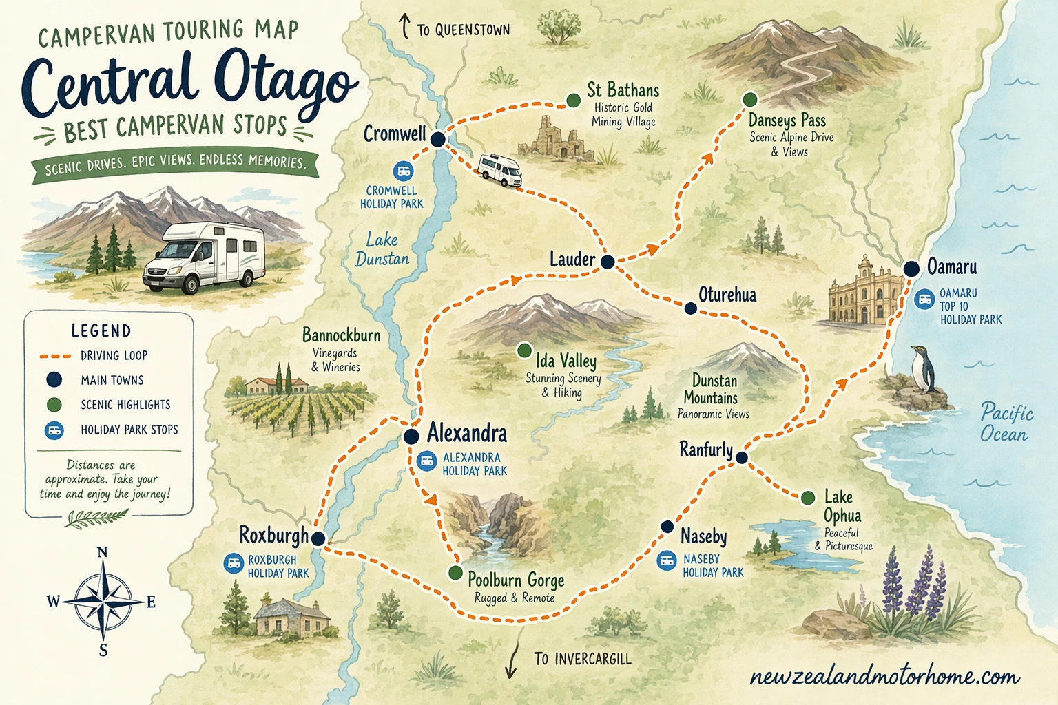 Illustrated campervan map — best campervan stops central otago