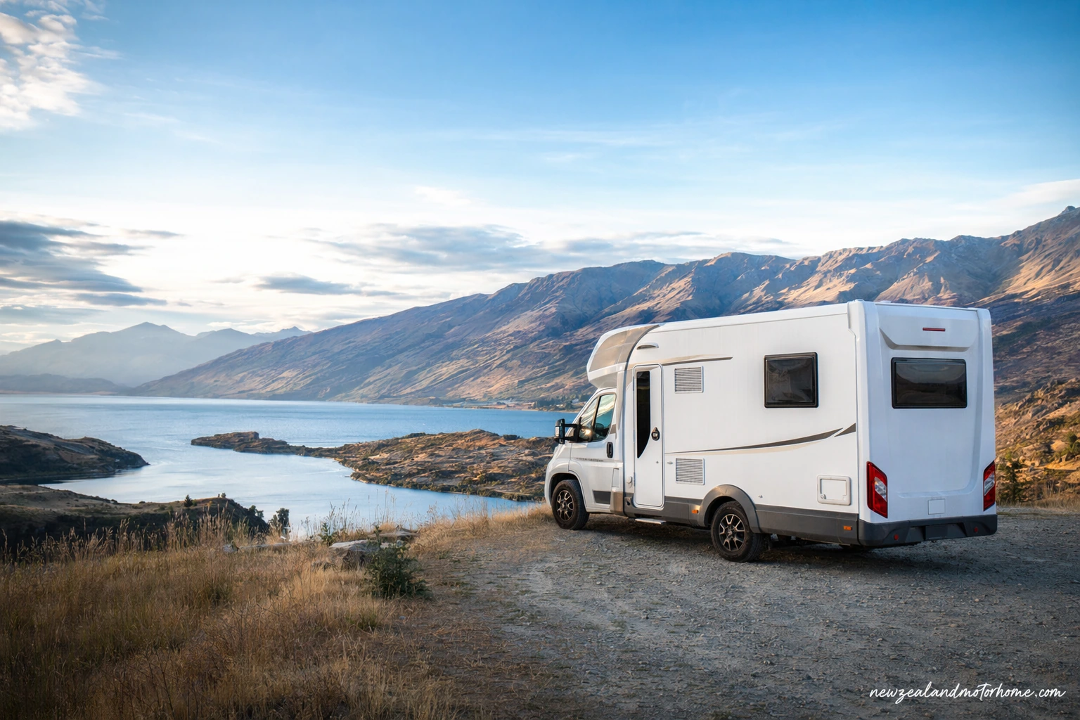 Campervan parked near Lake Dunstan in Central Otago with dry hills and still blue water