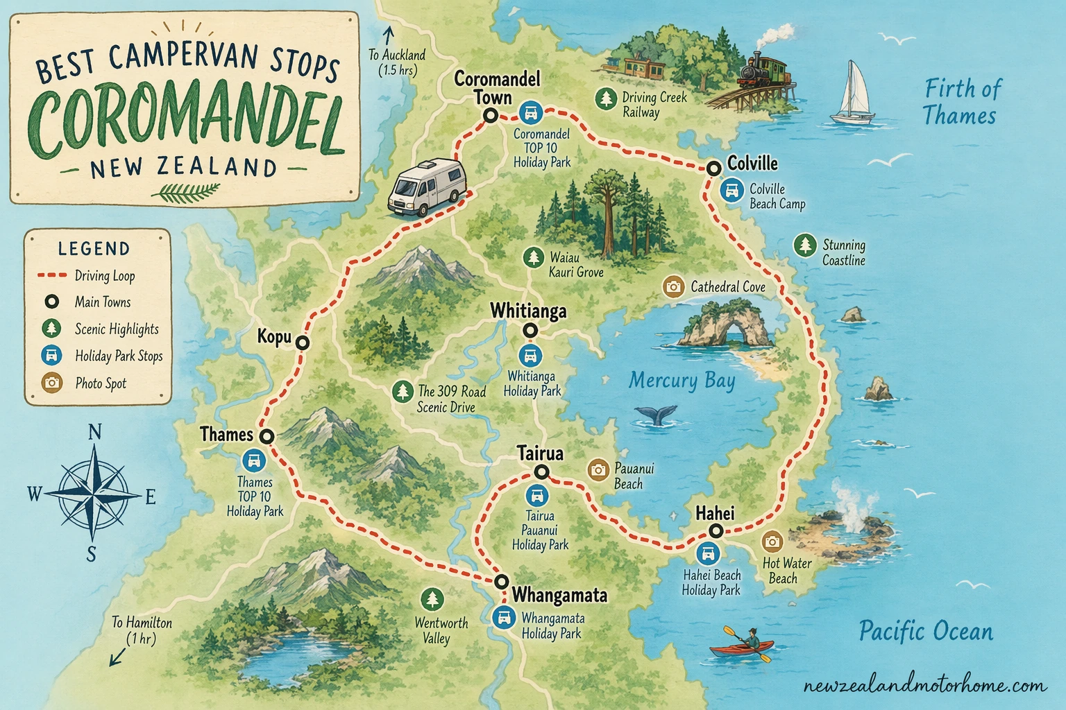 Illustrated campervan map — best campervan stops coromandel
