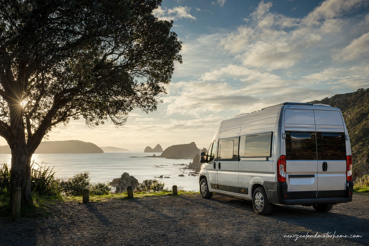 Campervan parked above a quiet Coromandel beach with coastal hills and blue water in the background