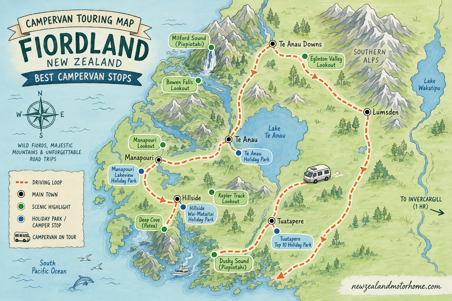 Illustrated campervan map — best campervan stops fiordland