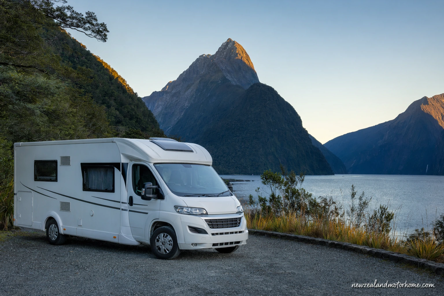 Campervan parked beside a lake viewpoint on the Milford Road in Fiordland