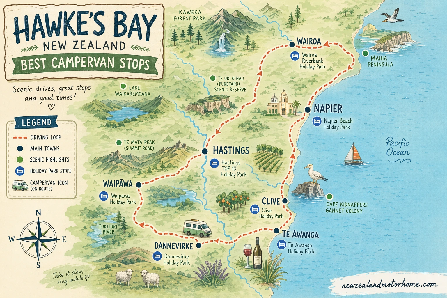Illustrated campervan map — best campervan stops hawkes bay
