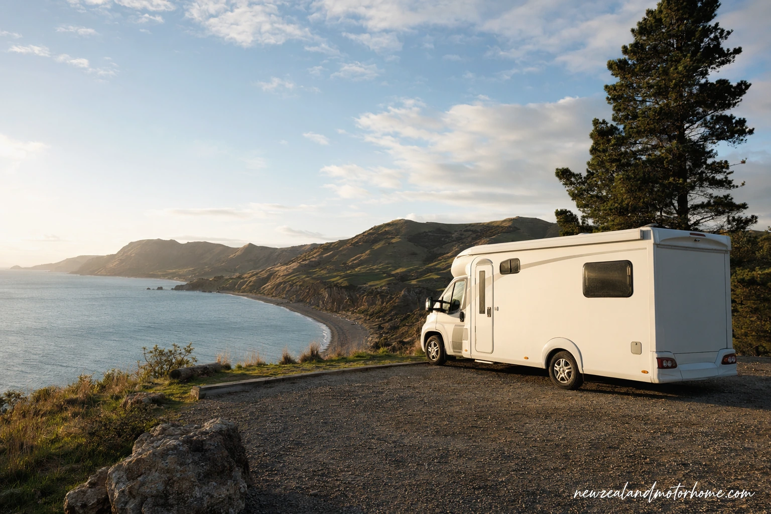 Campervan parked above the Hawke’s Bay coast with vineyards, hills and sea in the distance