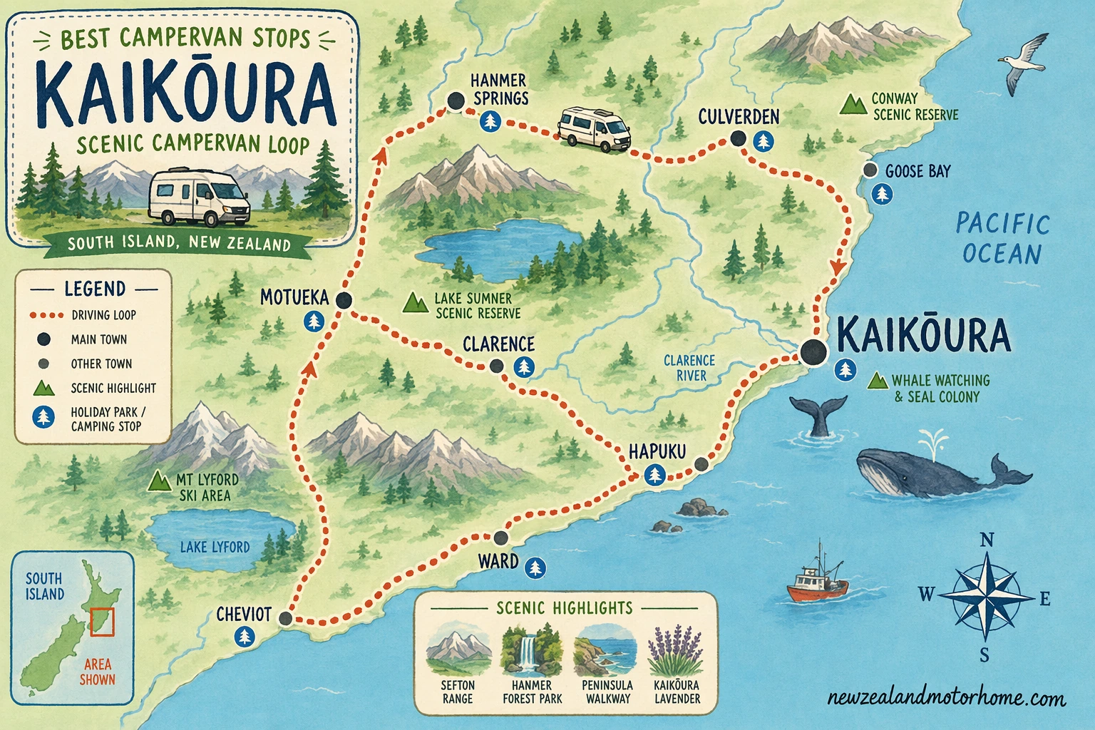 Illustrated campervan map — best campervan stops kaikoura