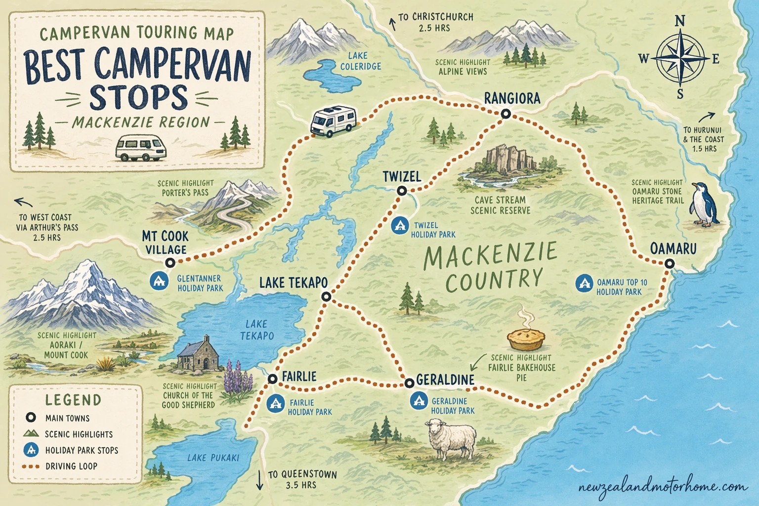 Illustrated campervan map — best campervan stops mackenzie