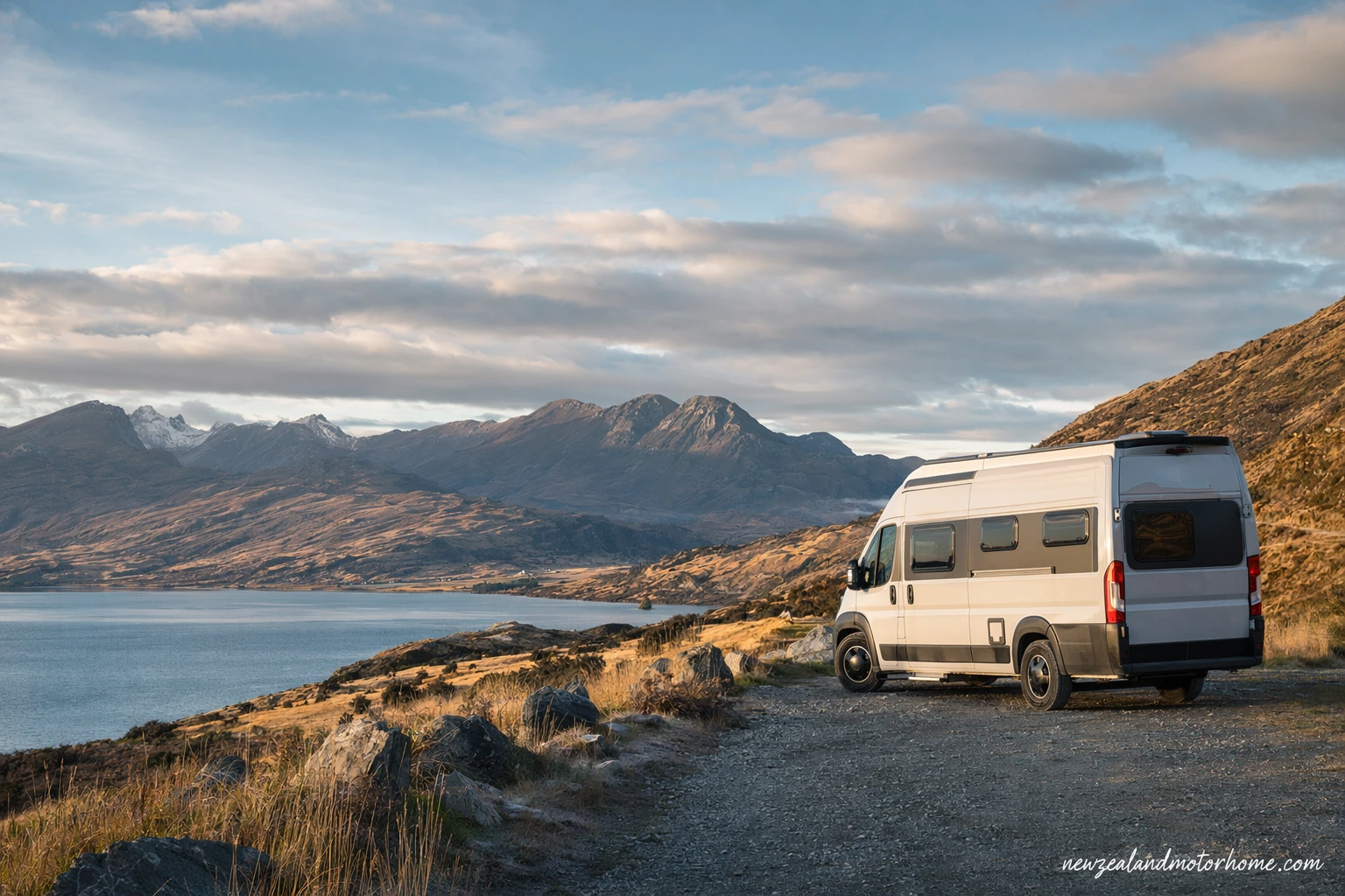 Campervan parked near Lake Pukaki in the Mackenzie Country with Aoraki Mount Cook in the distance
