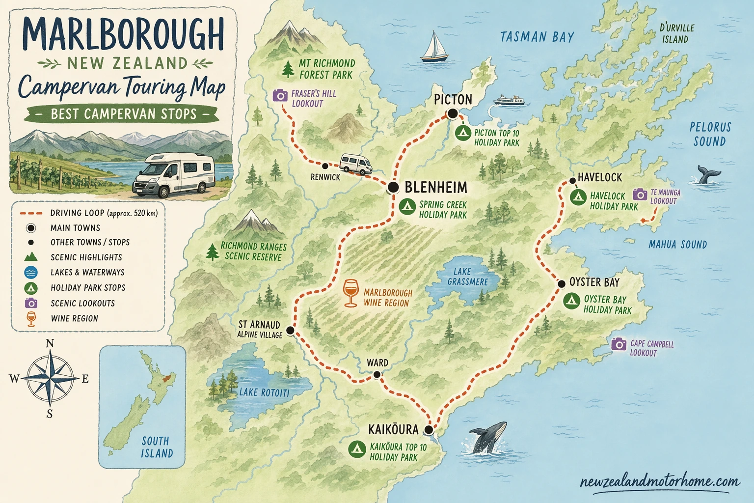 Illustrated campervan map — best campervan stops marlborough