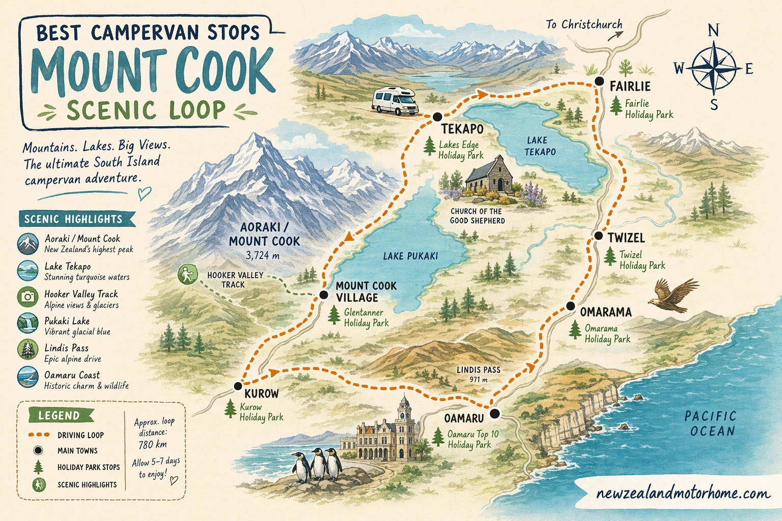 Illustrated campervan map — best campervan stops mount cook