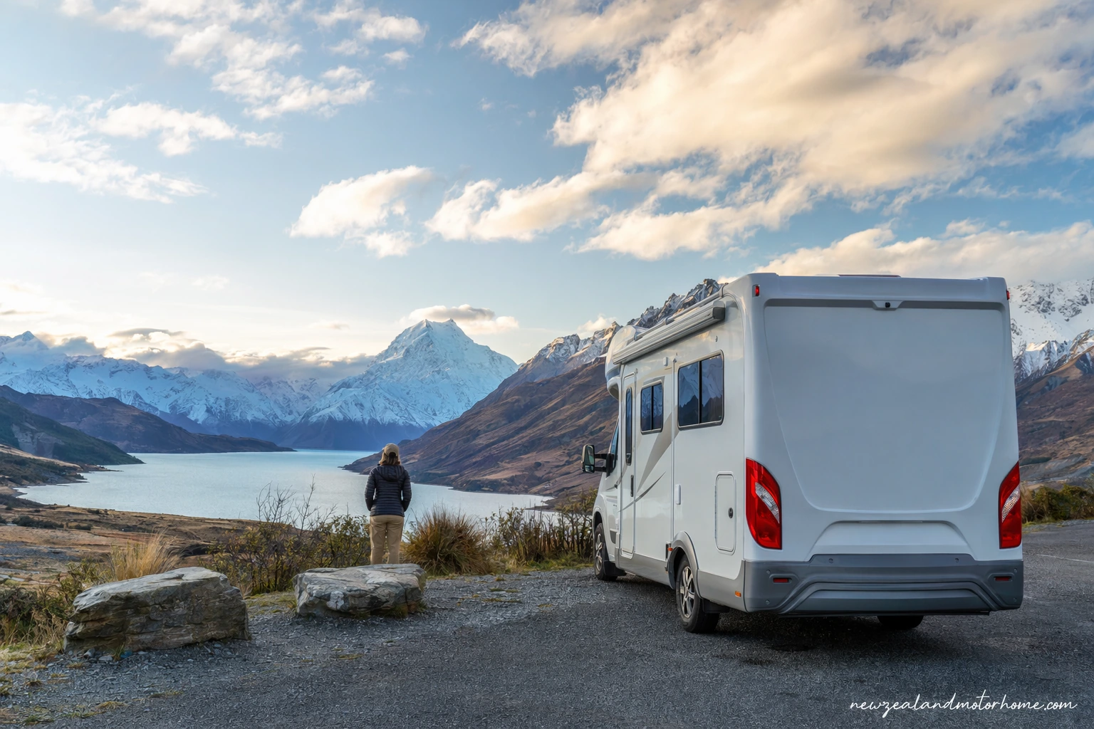 Campervan parked beside Lake Pukaki looking towards Aoraki Mount Cook