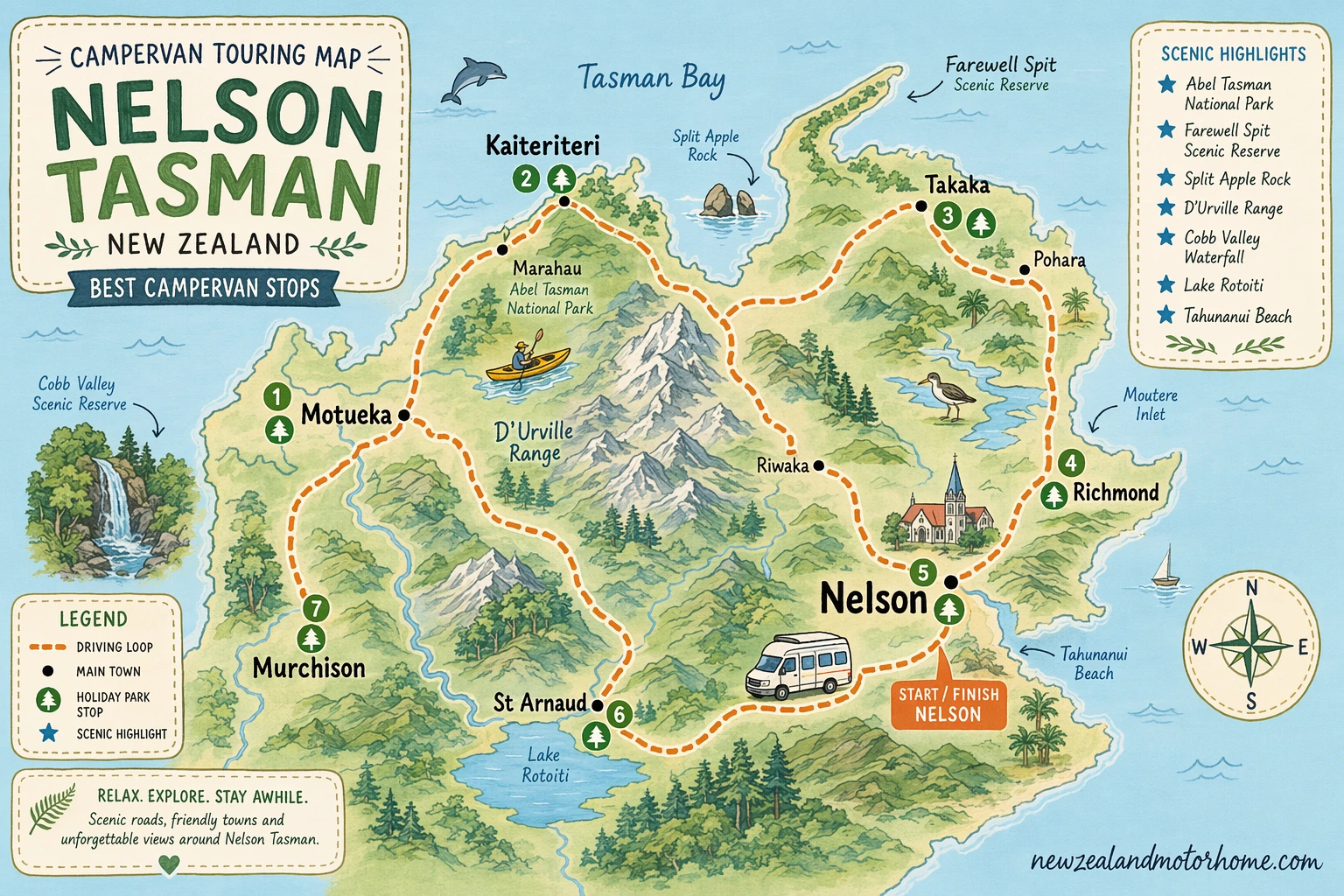 Illustrated campervan map — best campervan stops nelson tasman