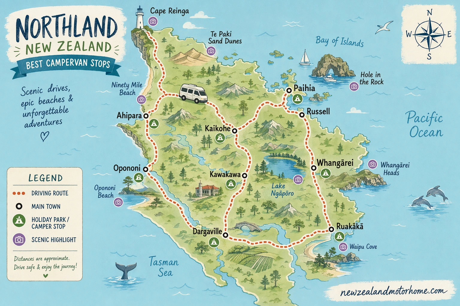 Illustrated campervan map — best campervan stops northland