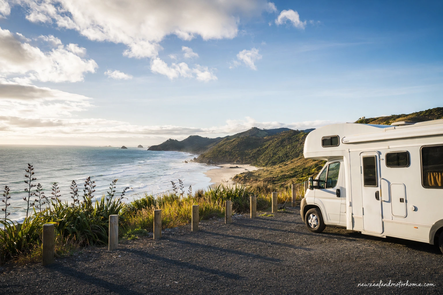 Campervan parked above a quiet Northland bay with coastal hills and blue water in the background