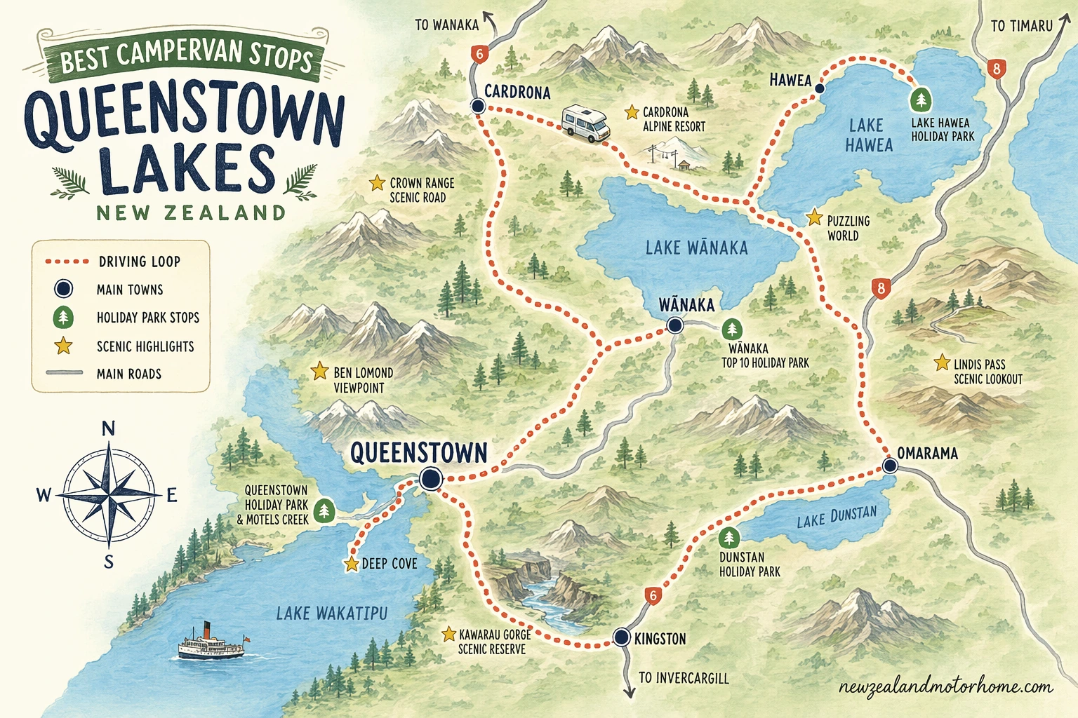 Illustrated campervan map — best campervan stops queenstown lakes