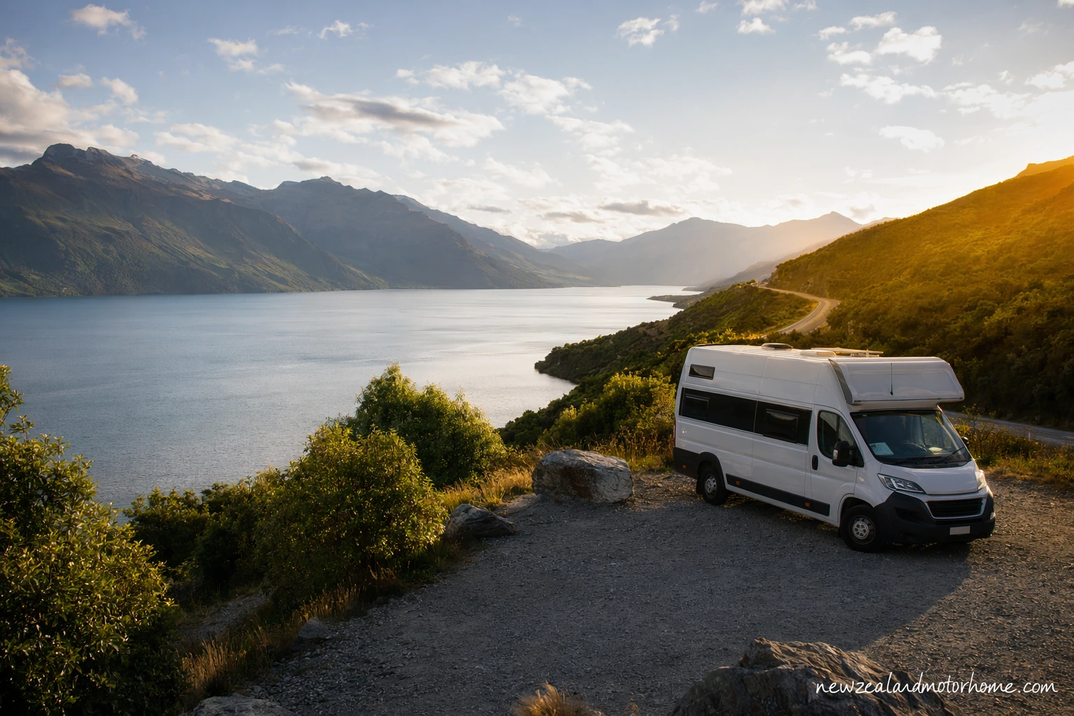 Campervan parked beside Lake Wakatipu in the Queenstown Lakes district with mountains beyond
