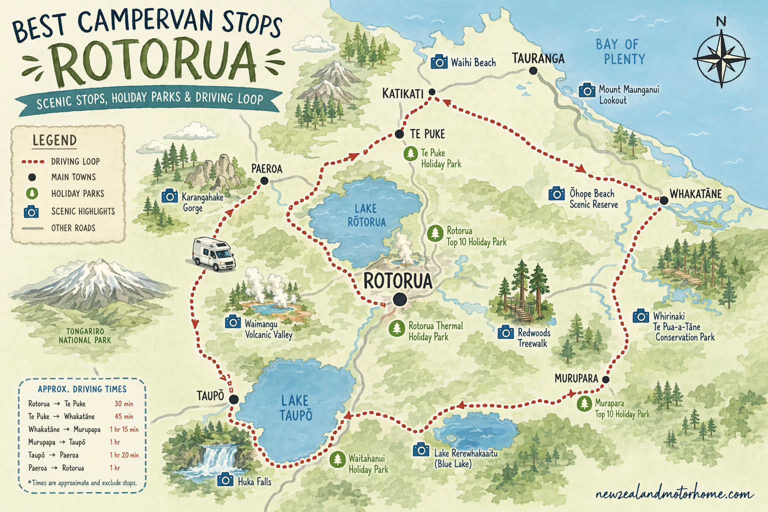 Illustrated campervan map — best campervan stops rotorua